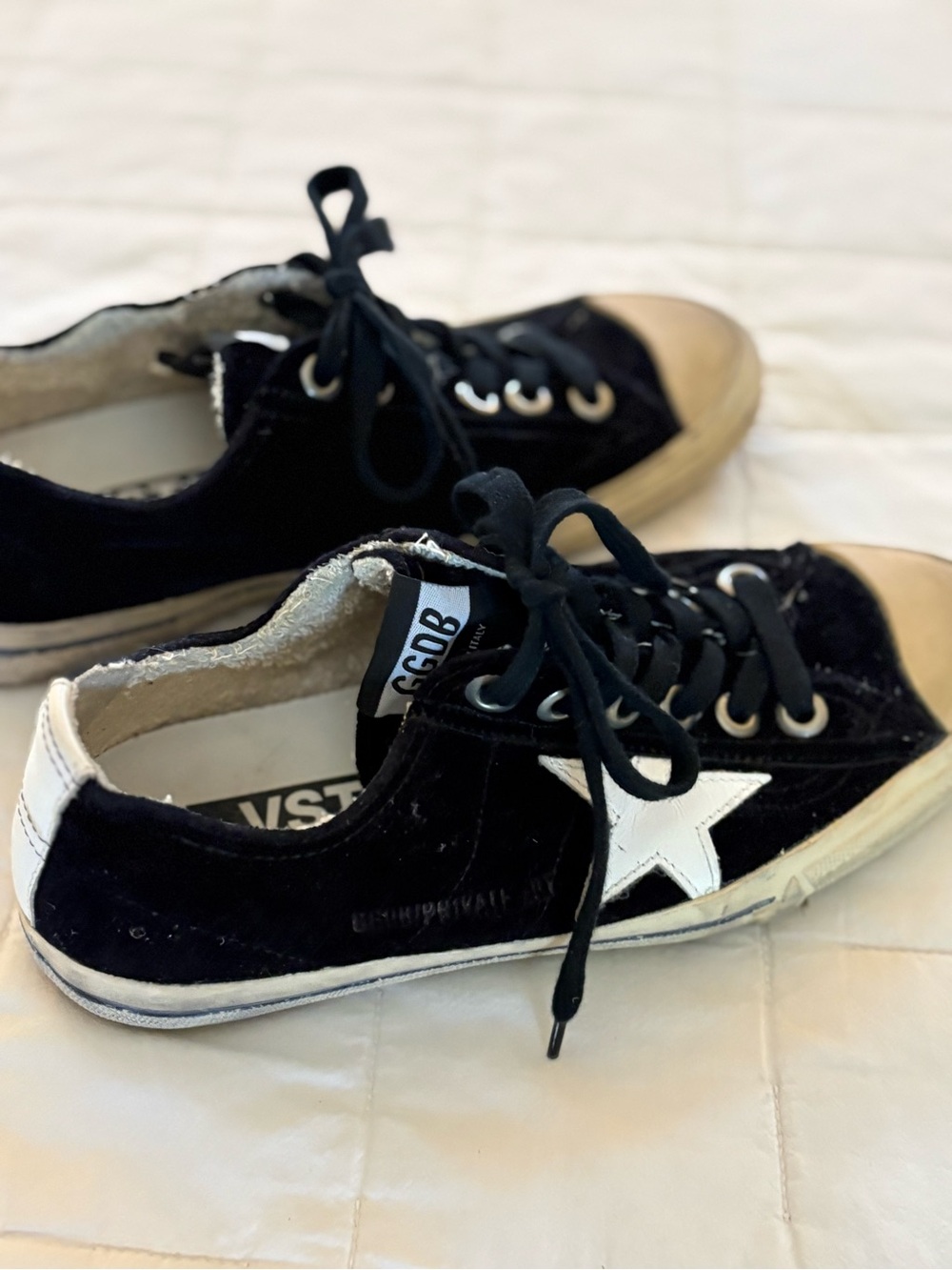 Golden Goose Black Velvet Sneakers with White Star and Tan Toe
